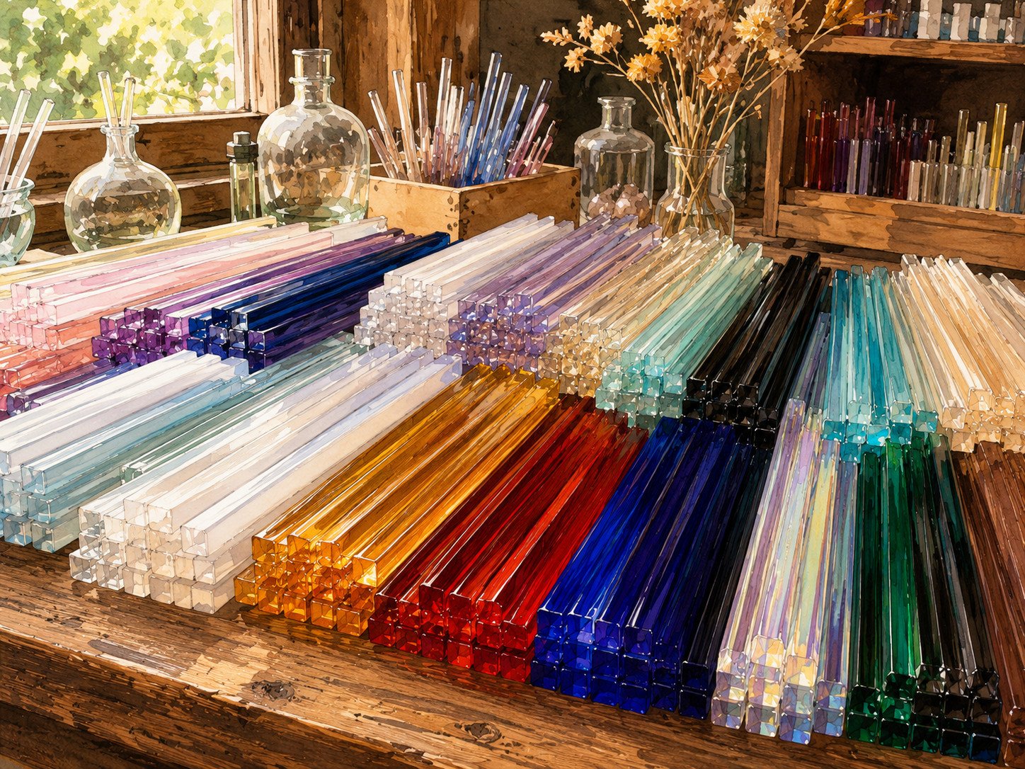 Longues tiges ou cannes de verre colorées