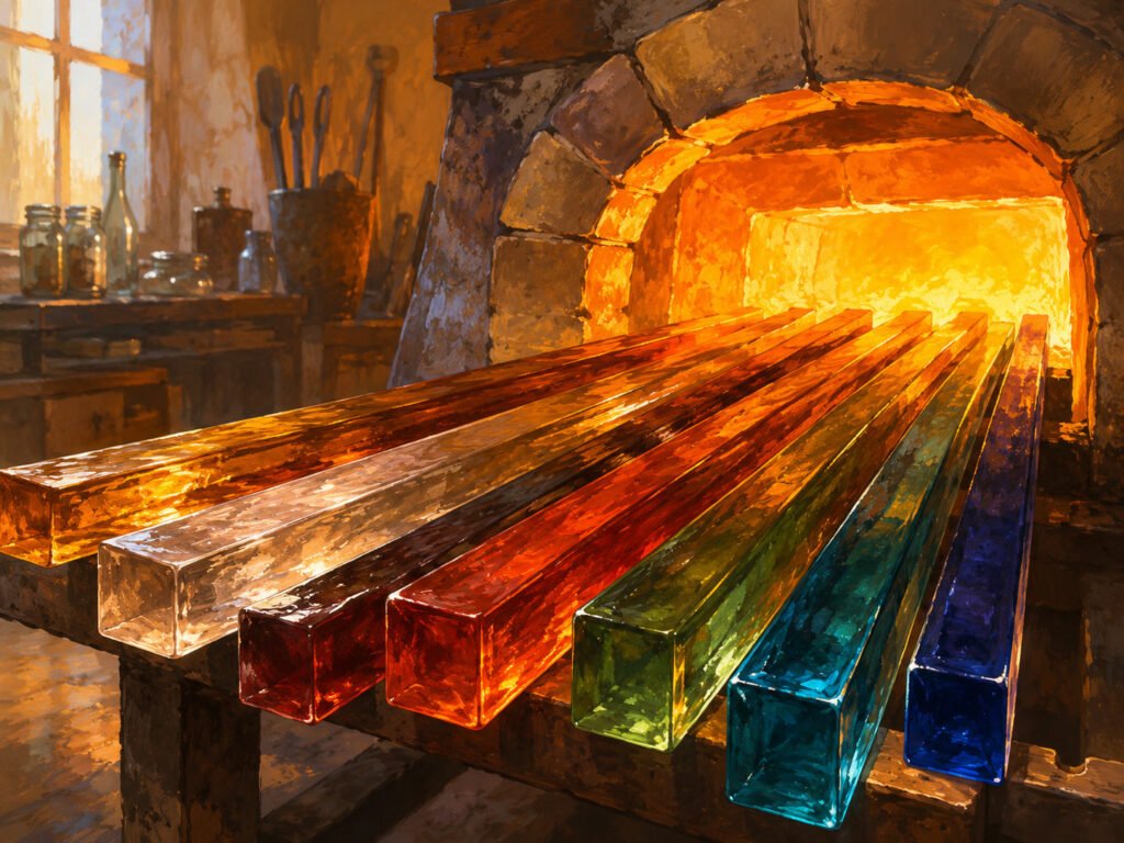 Chauffage des tiges de verre dans un four en fabrication artisanale des perles tchèques