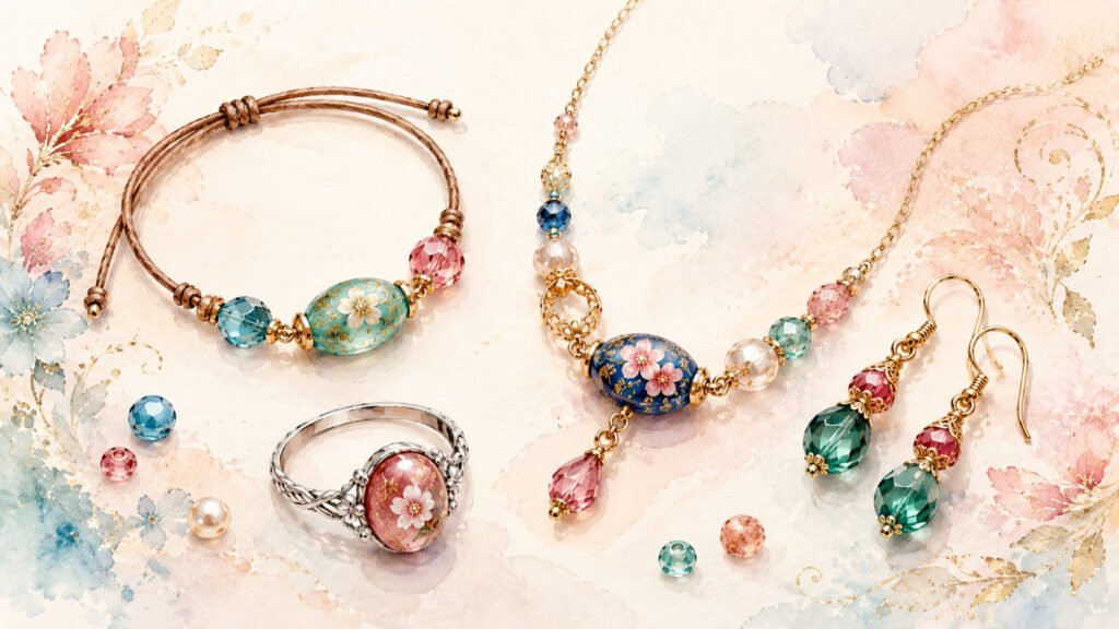 Bague, bracelet, boucles d'oreilles et collier en perles de Bohême