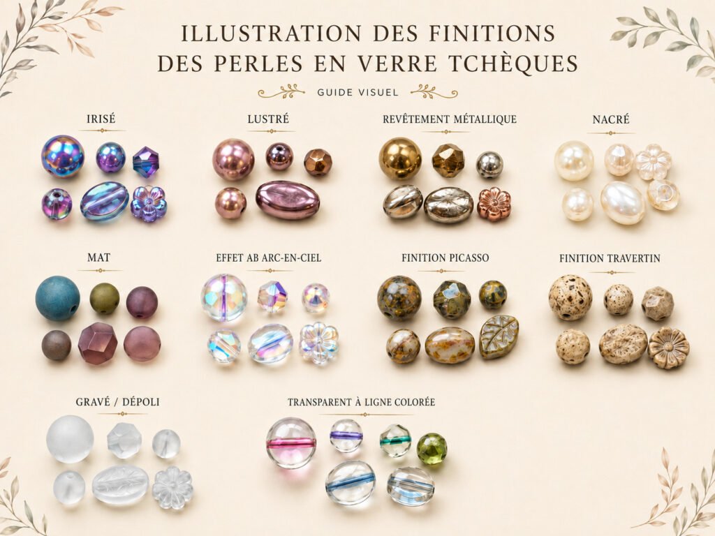 Illustration des finitions des perles en verre tchèques