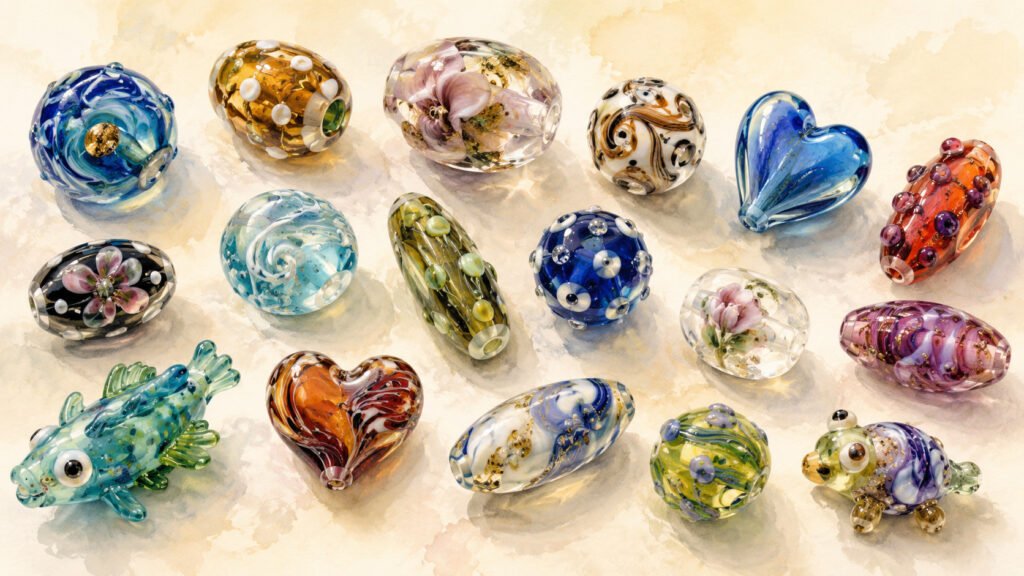 Perles travaillées à la flamme (lamp beads) de différentes formes et couleurs
