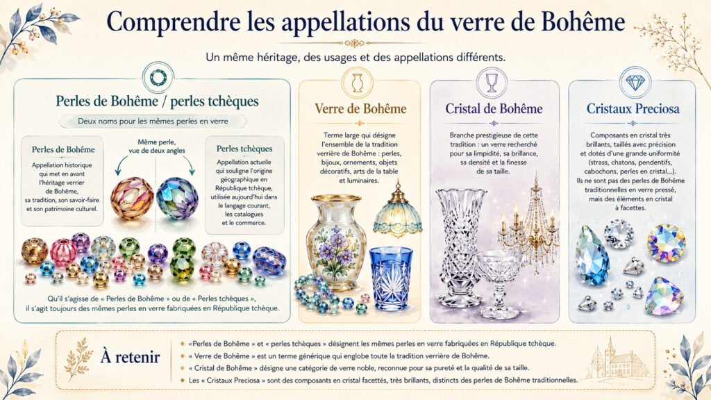 Illustration des différentes appellations : perles de Bohême, perles tchèques, verre de Bohême, cristal de Bohême, cristal Preciosa