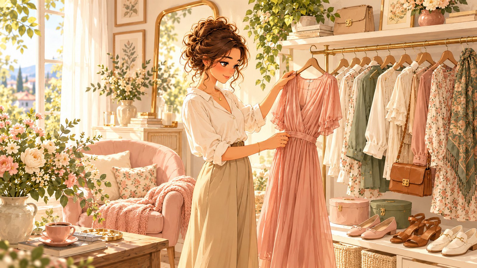 Lila choosing a pink dress in a soft, elegant wardrobe filled with clothes, shoes, and accessories.