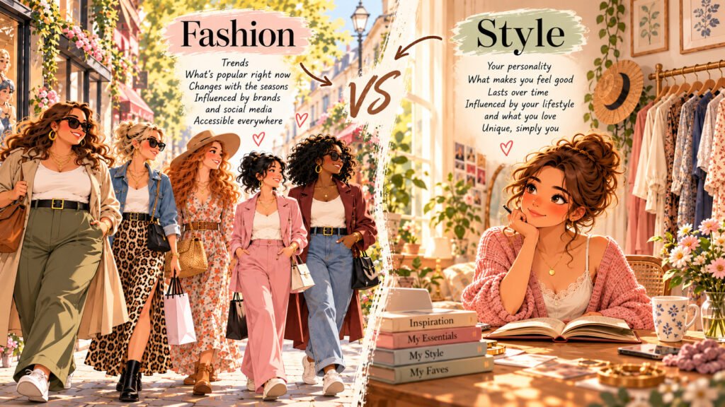 Illustration contrasting fashion and personal style: on the left, women of different ages and body types wear trend-led outfits; on the right, Lila chooses clothes for a wardrobe that reflects her style.