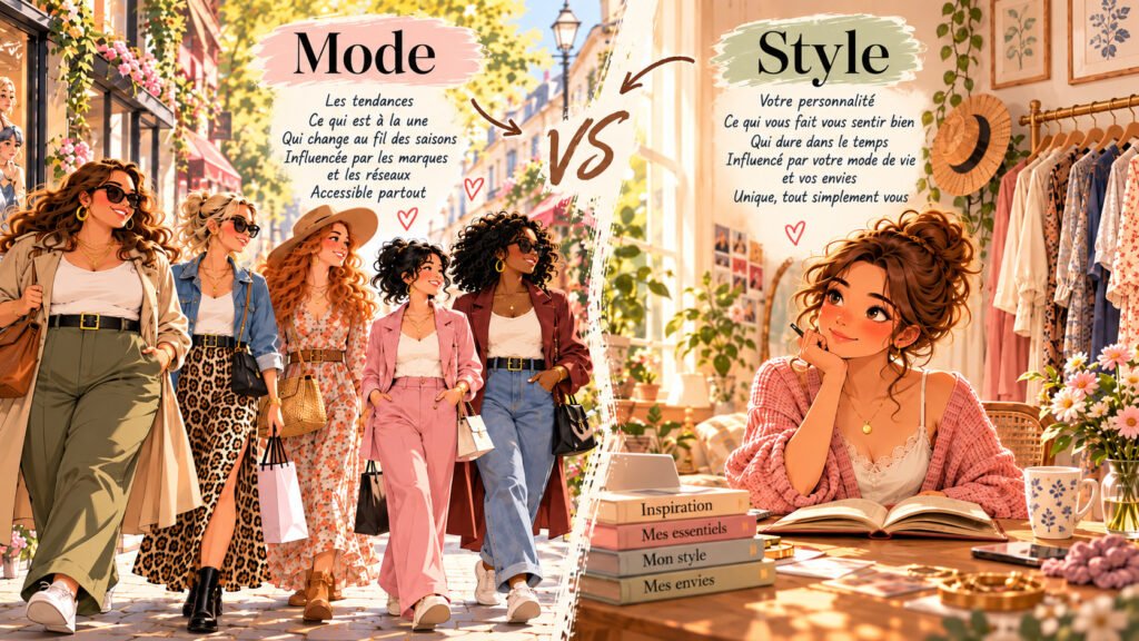 Illustration opposant mode et style : à gauche, des femmes de tous âges et morphologies en tenues tendance ; à droite, Lila compose une garde-robe personnelle.
