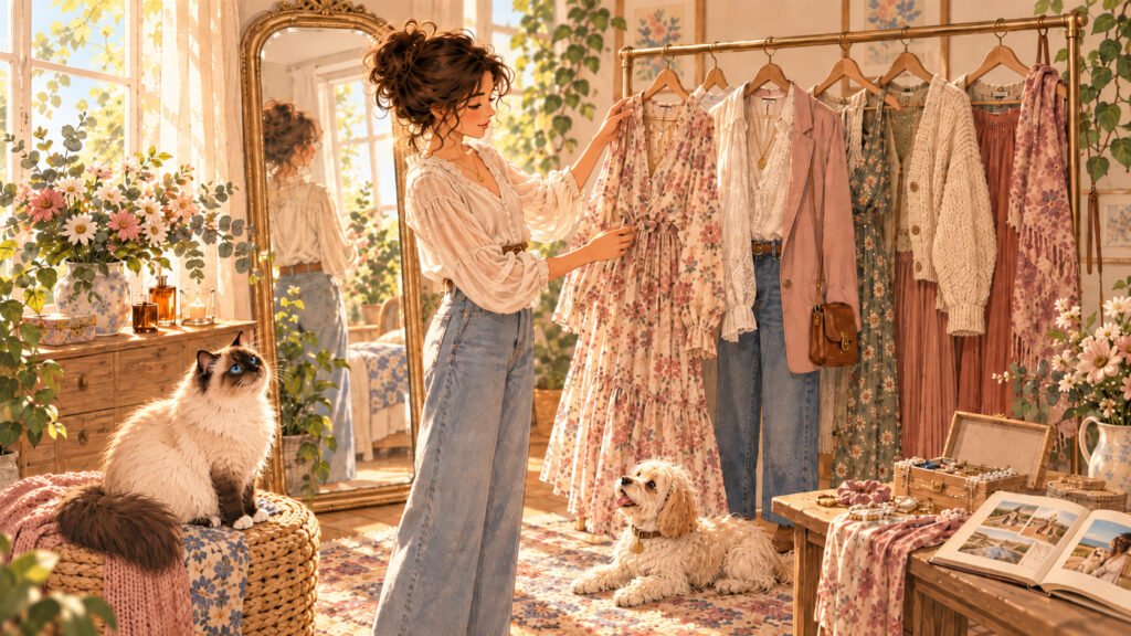 Illustration of Lila in a bright dressing room, looking at several outfits on a clothing rack, with her Birman cat, small dog, a mirror, flowers, and accessories nearby.