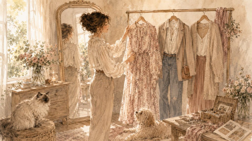 Illustration de Lila dans un dressing lumineux, observant plusieurs tenues sur un portant, avec son chat sacré de Birmanie, son petit chien, un miroir, des fleurs et des accessoires.