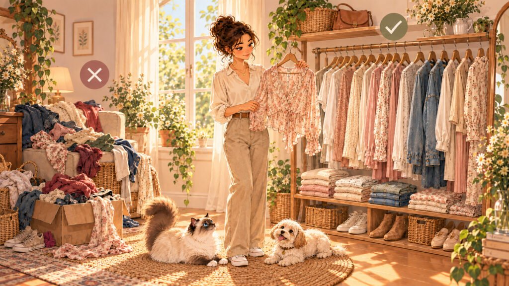 Lila stands in front of an organized wardrobe, with coordinated clothes on one side and accumulated pieces in baskets on the other.