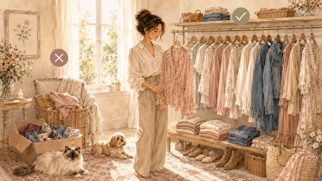 Lila devant un dressing organisé, avec des vêtements coordonnés d’un côté et des pièces accumulées dans des paniers de l’autre.