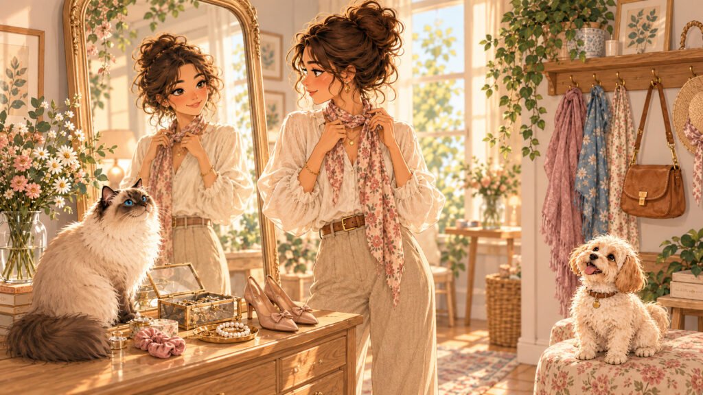 Illustration of Lila in her dressing room, adjusting a scarf in front of a mirror, surrounded by jewelry, bags and accessories, with her cat and small dog nearby.