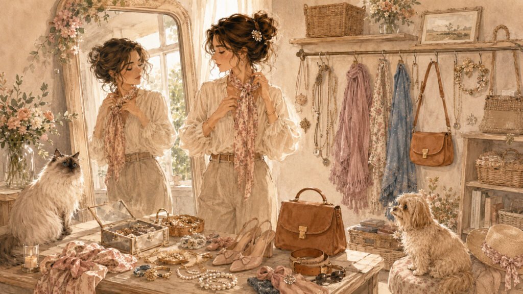 Illustration de Lila dans son dressing, ajustant un foulard devant un miroir, entourée de bijoux, sacs et accessoires, avec son chat et son petit chien.