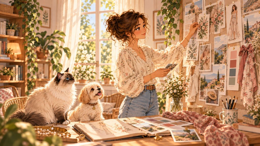Lila creates an inspiration wall with images, sketches, fabrics, and color palettes, accompanied by her Birman cat and small dog.