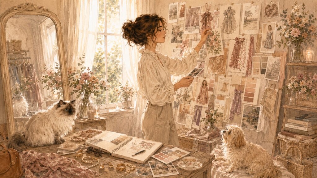 Lila compose un mur d’inspiration avec des images, croquis, tissus et palettes de couleurs, accompagnée de son chat sacré de Birmanie et de son petit chien.