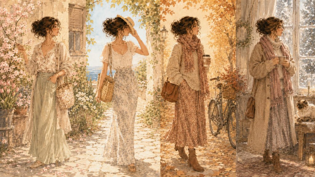 Illustration de Lila représentée au fil des quatre saisons, avec des tenues adaptées au printemps, à l’été, à l’automne et à l’hiver