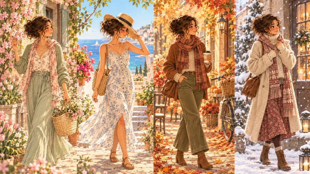 Illustration of Lila through the four seasons, wearing outfits adapted to spring, summer, autumn, and winter.