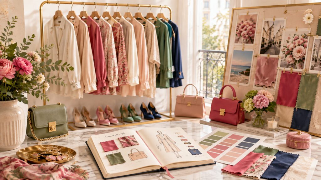 Illustration d'ambiance avec dressing lumineux, vêtements sur cintre, sacs et chaussures, carnet de style ouvert, planche d'inspiration, nuancier et échantillons de tissus.