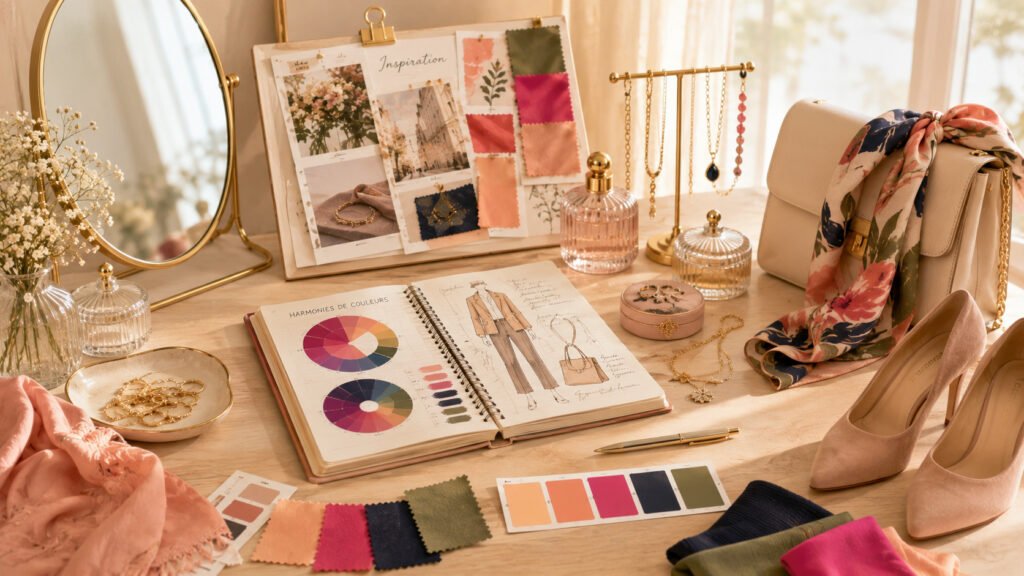Image d'ambiance avec miroir, palette de couleurs, tissus et matières, bijoux, accessoires et carnet de style
