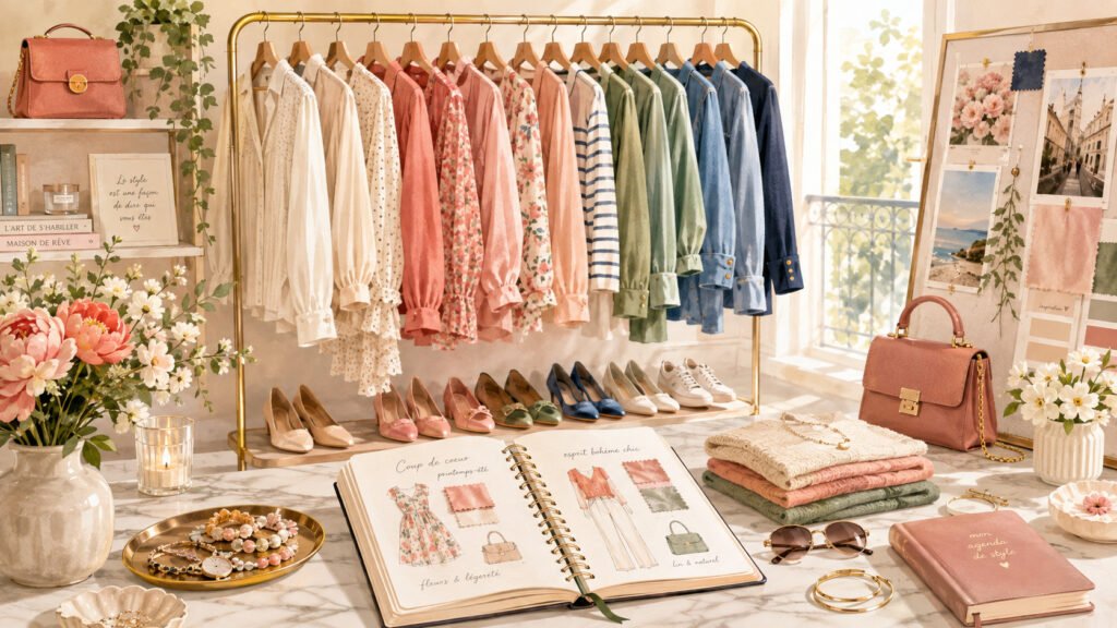 Image d'ambiance avec penderie organisée, sélection de tenues, agenda de style, accessoires bien rangés