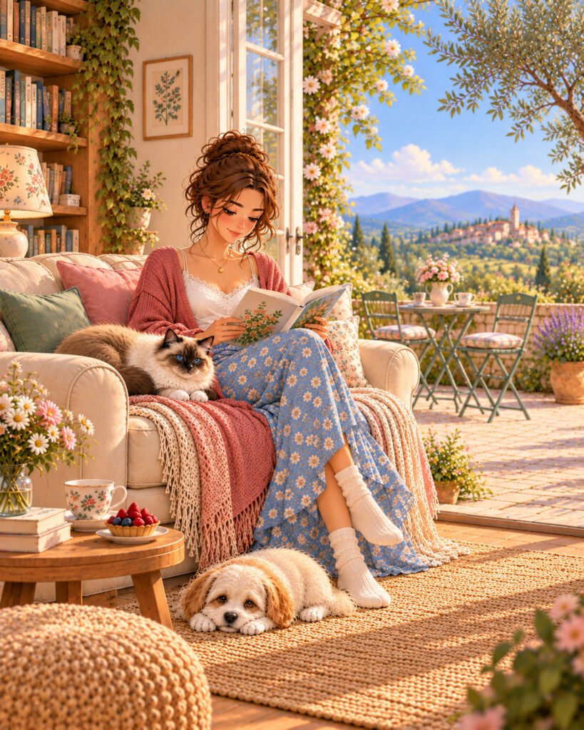 Lila lisant dans un coin lumineux avec son chat Sacré de Birmanie et son petit chien Bichon, près d’une ouverture sur le jardin.