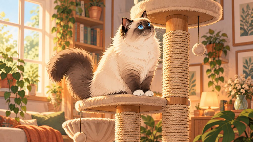 Chat Sacré de Birmanie perché sur un arbre à chat avec un griffoir en sisal dans un intérieur chaleureux.