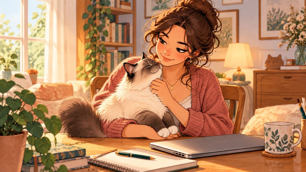 Lila caresse son chat Sacré de Birmanie installé sur ses genoux devant son ordinateur refermé.