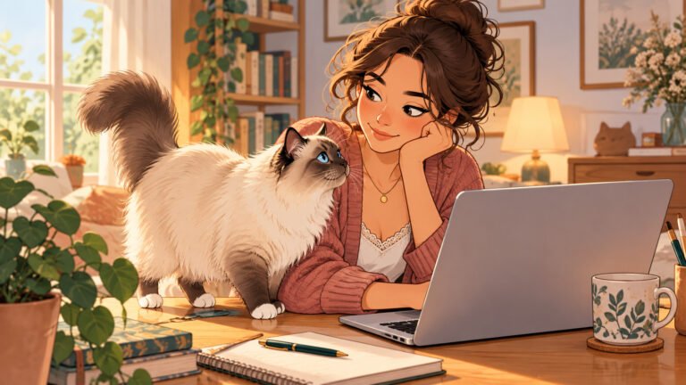 Comportement du chat-Lila s’installe devant son ordinateur tandis que son chat Sacré de Birmanie vient se rapprocher d’elle.