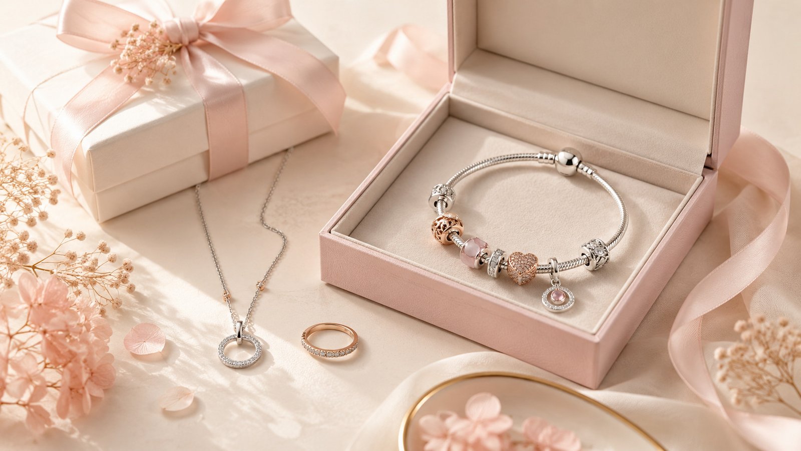 Jewelry gifts with a bracelet, necklace and ring displayed in elegant gift boxes