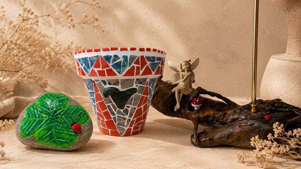 Mosaic-decorated flower pot, driftwood, paperweight; decor from the Créa'Bohème shop in the French Basque Country.