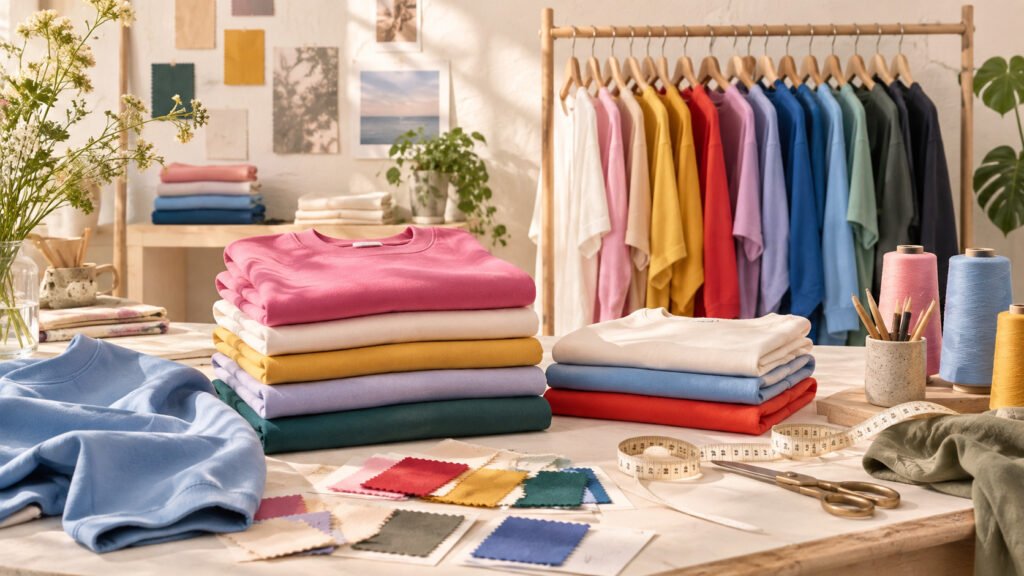 Colorful folded clothes, fabric swatches and sewing tools in a textile atelier
