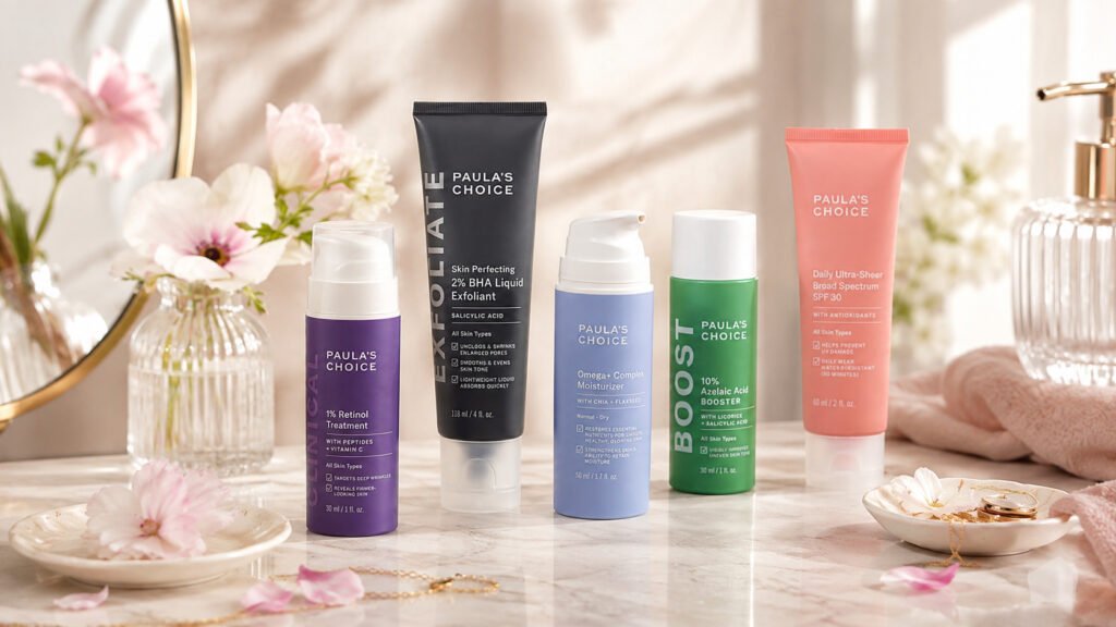 Illustration de 5 produits cosmétiques de la marque Paula's choice