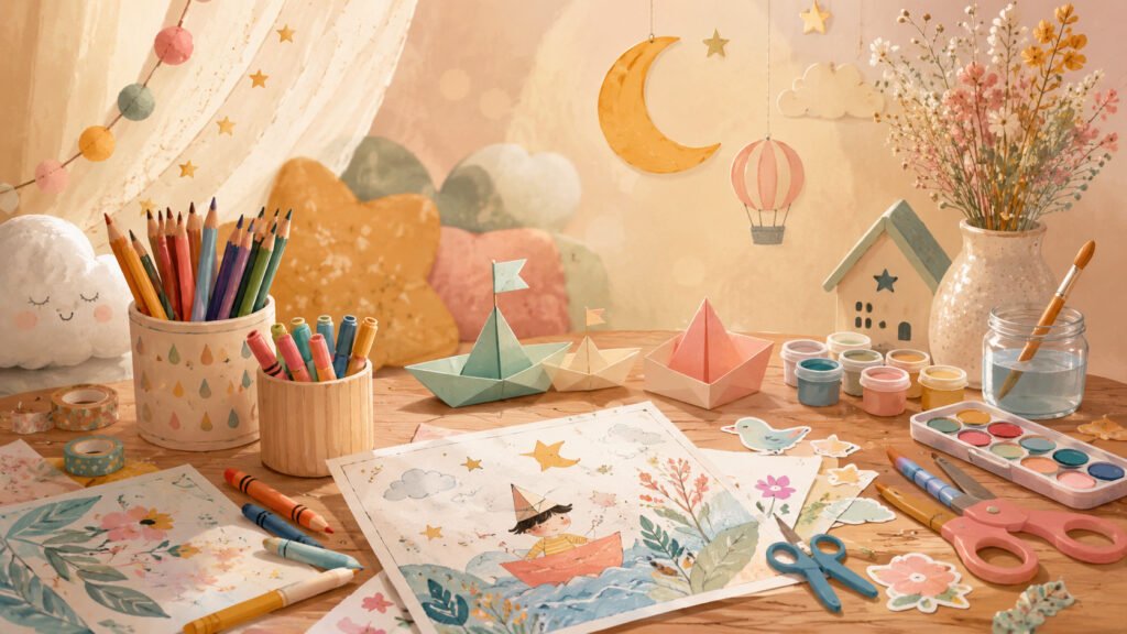 Creative workshop for children – drawing, pastels, colored pencils, paintbrushes...