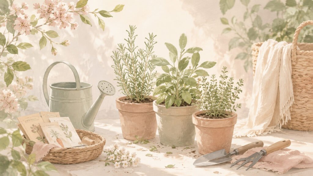 Pots de fleurs, outils de jardin, graines, panier
