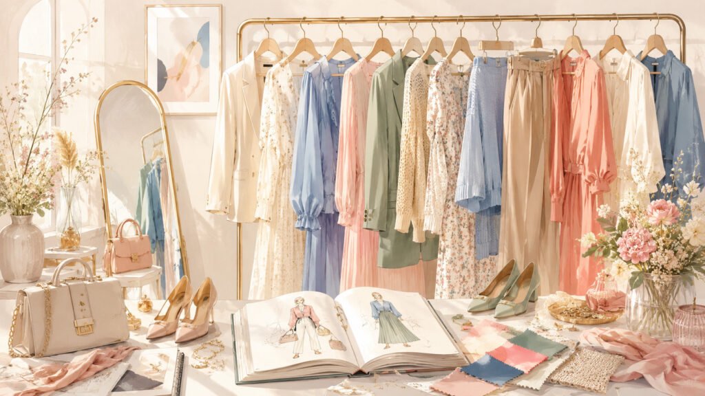 Clothing on hangers, fashion sketches, shoes, bags and a mirror