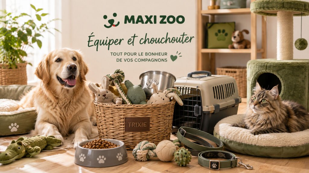 Chien et chat avec équipement : gamelles, caisse de transport, jouets...