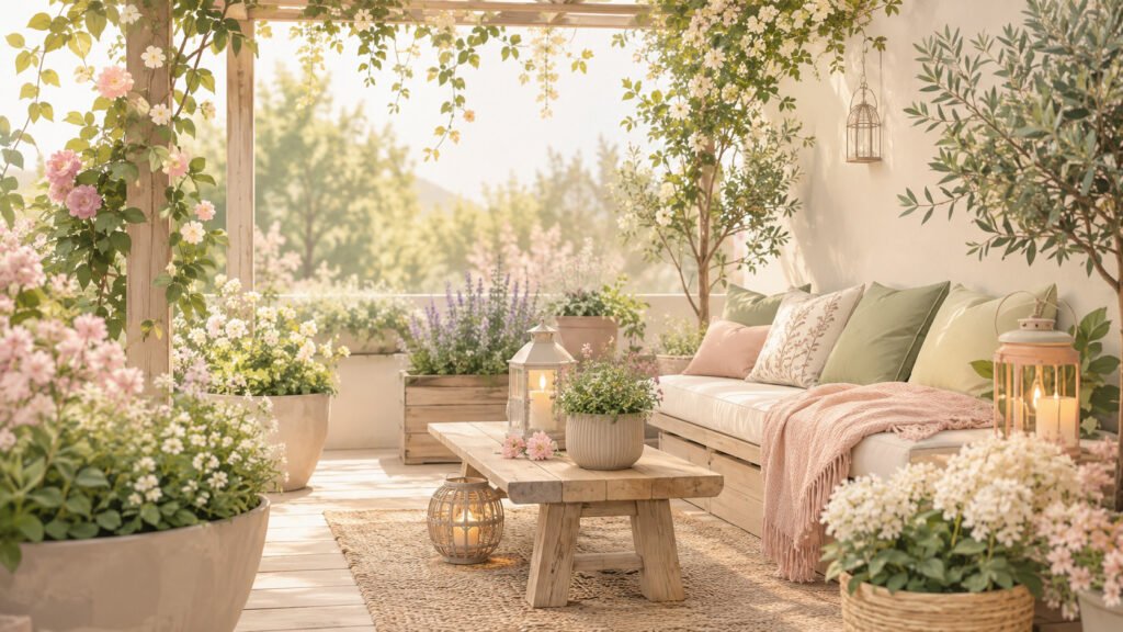 Romantic terrace arranged with flowers, a sofa, a table, cushions, and candles.