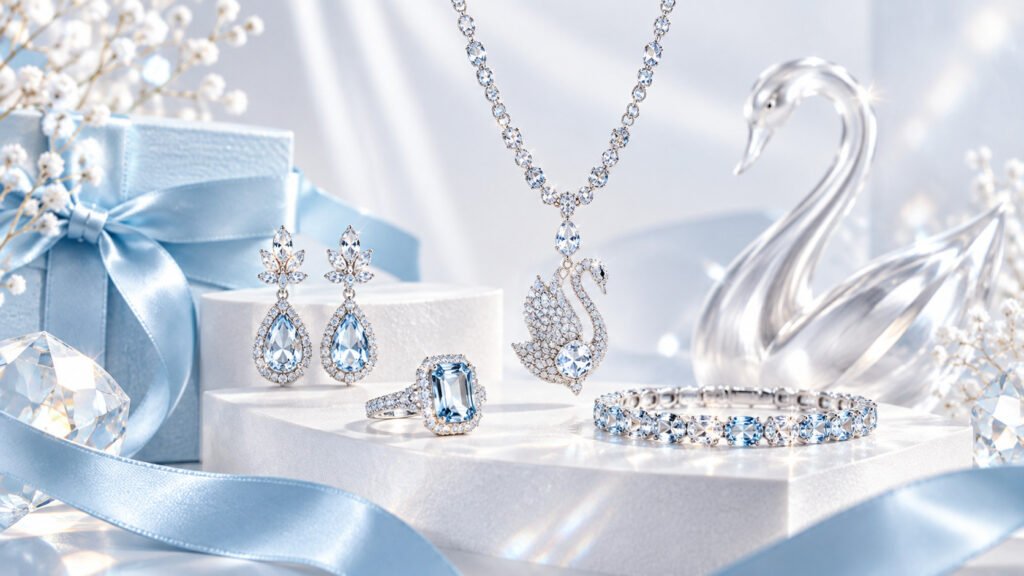 Collier, boucles d'oreilles, bague et cygne en cristal