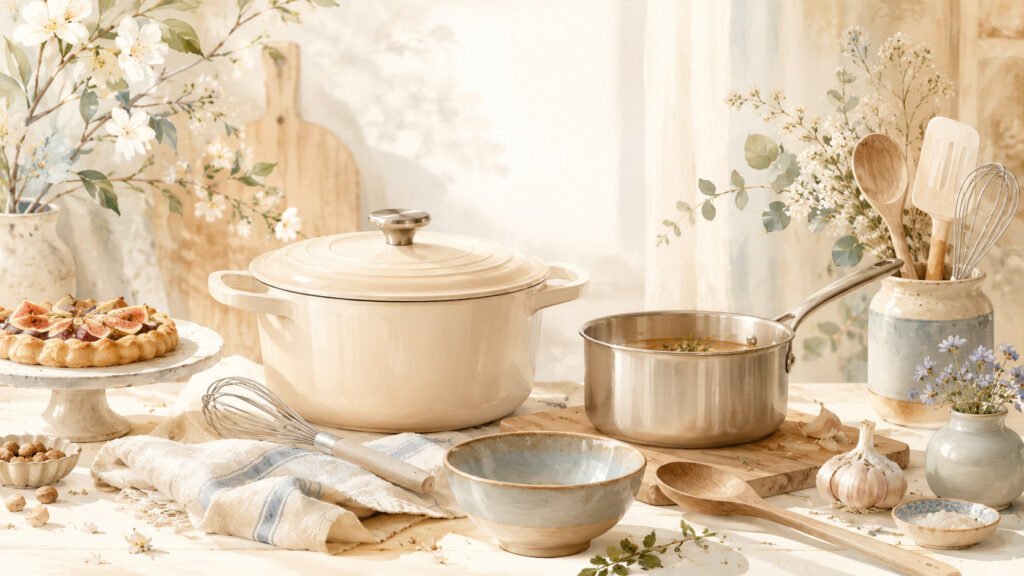 Saucepan, stockpot, dish, and various kitchen utensils on a table, in a romantic setting.