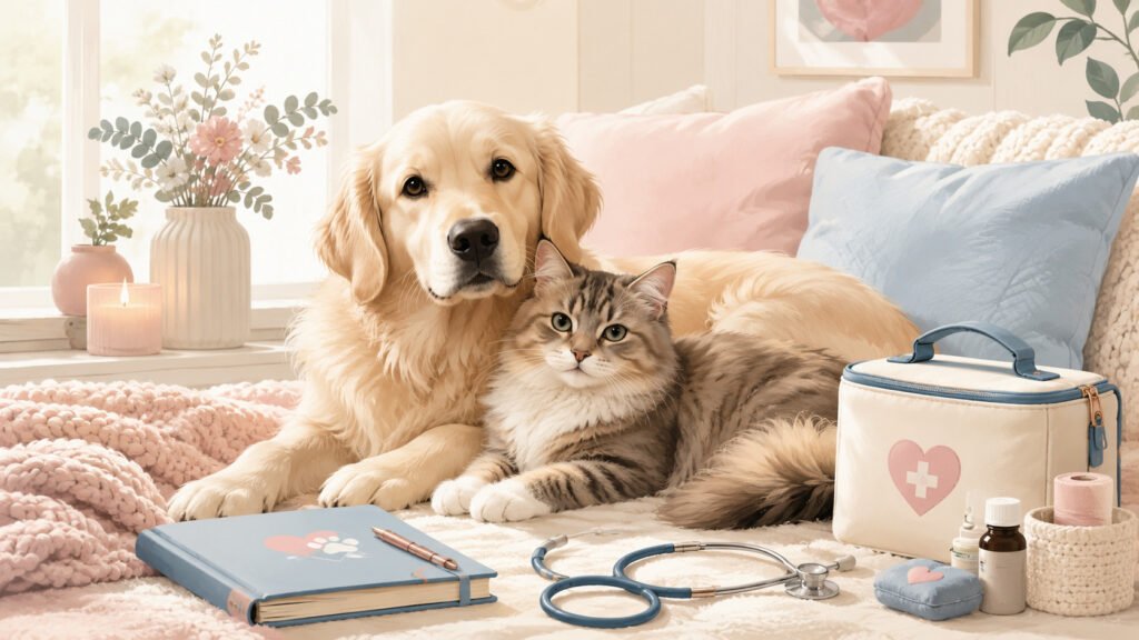 chien et chat avec ustensiles pour soins