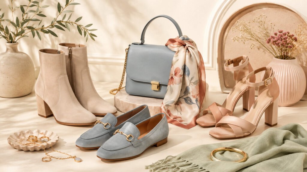 Shoes, handbag and fashion accessories arranged in a stylish neutral-toned display