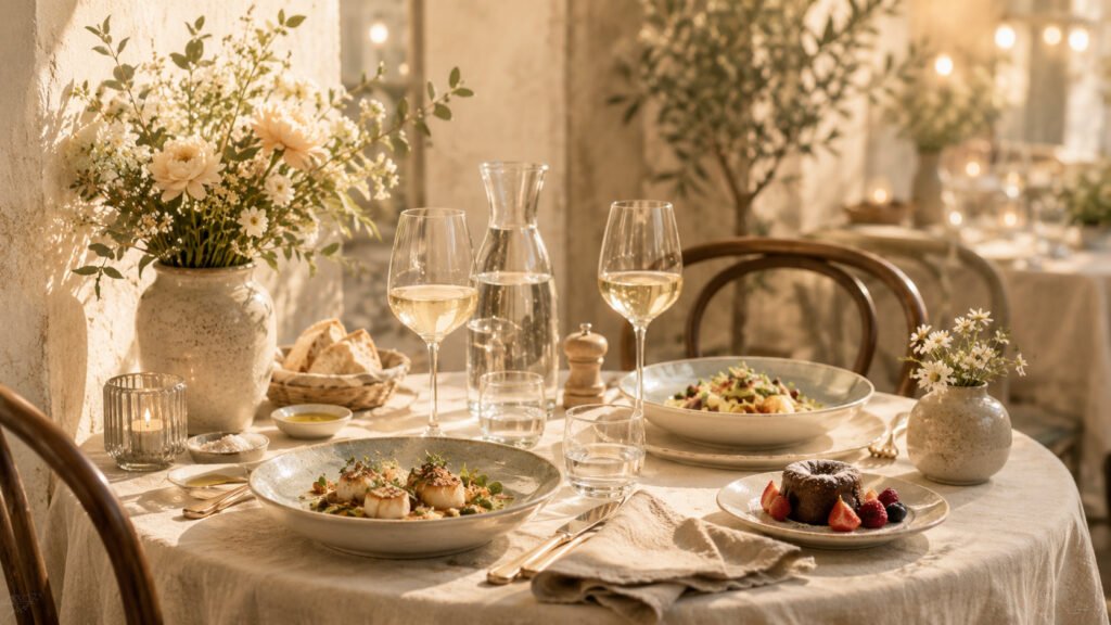 Lovely restaurant table set for two with champagne.
