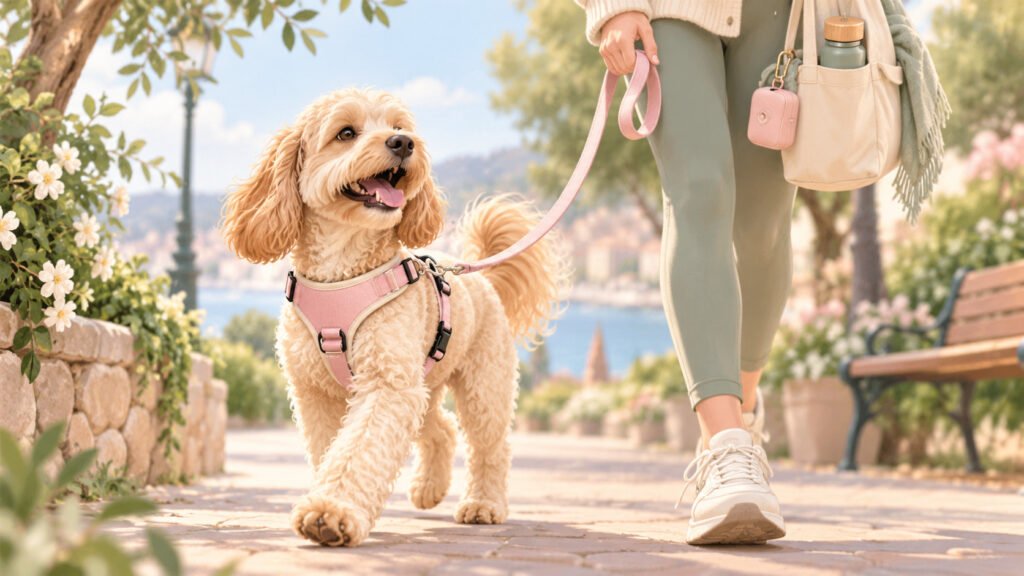 Happy dog wearing a pink harness and leash on a sunny walk with its owner in a leafy park