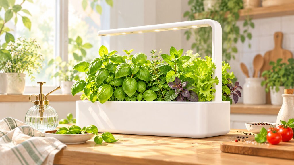 Indoor herb garden with leafy greens growing under a smart grow light in a bright kitchen setting