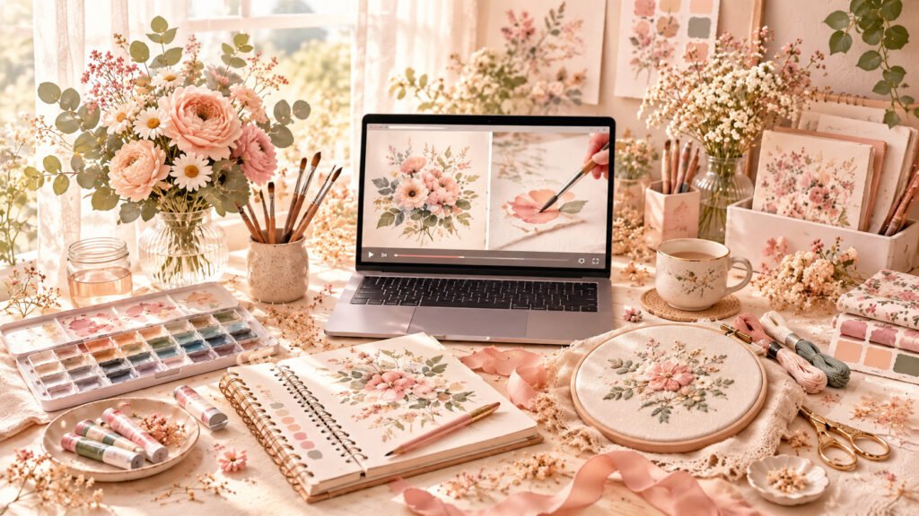 Creative workspace with a laptop showing a floral painting tutorial, surrounded by watercolors, embroidery, yarn and art supplies