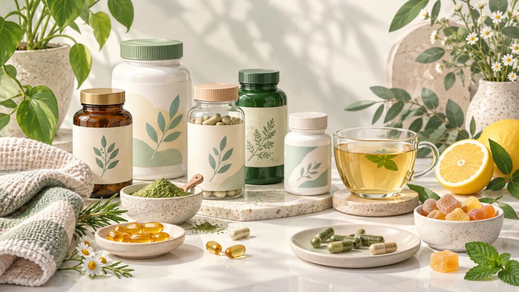 Wellness supplements, herbal tea, lemon and botanical ingredients arranged in a calm natural setting