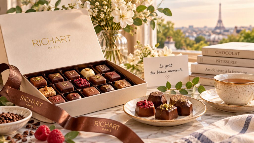 Elegant box of French chocolates with assorted pralines, flowers and a tea cup overlooking Paris