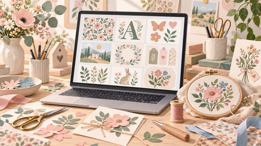 Creative workspace with a laptop displaying floral graphics, craft designs and embroidery patterns, surrounded by paper crafts, scissors, thread and handmade decorations