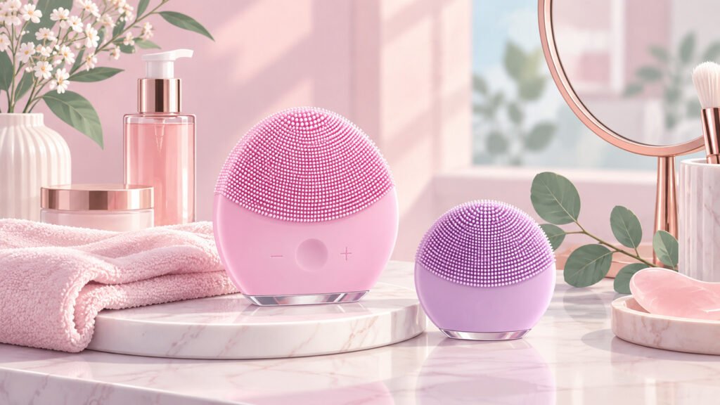 Pastel facial cleansing devices with skincare products, towel and botanical accents on a vanity