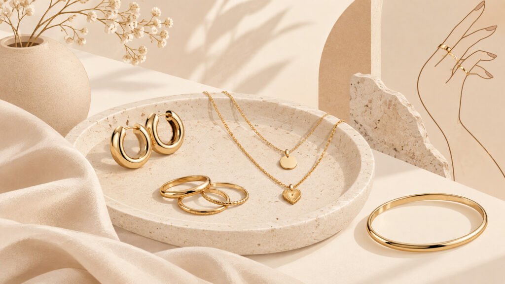 Collier, bague, bracelet et boucles d'oreilles en or