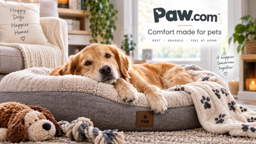 Golden retriever resting in a cozy dog bed with a soft blanket and toys in a warm home interior