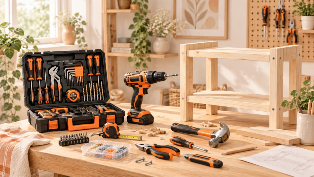 DIY workspace with tools, a drill, a toolbox and a small wooden shelf project in a bright home workshop